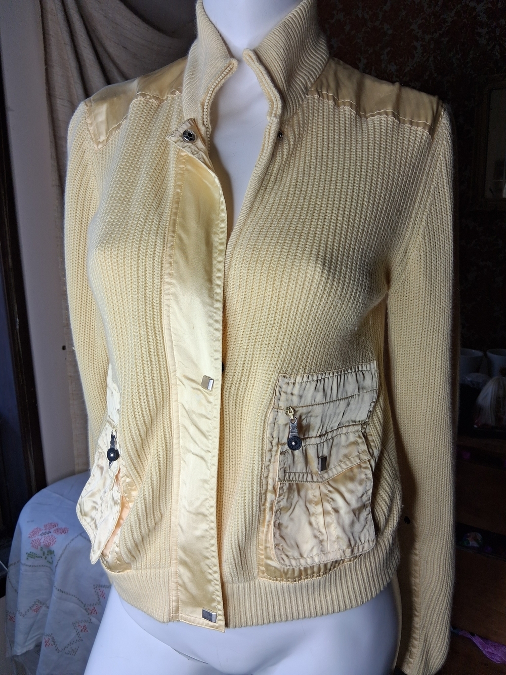 Jamie Sadock Light Yellow Women's Knit Sweater with Satin Trim S